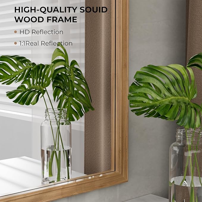WallBeyond 30" x 40" Wood Bathroom Mirror for Wall Mounted, Rustic Rounded Corner Vanity Mirror for Entryway, Living Room or Bedroom Home Decorative [30" x 40" Honey-Colored]
