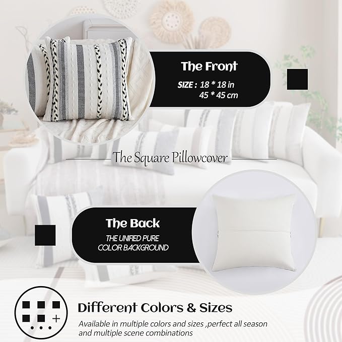 Boho Black Striped Pillow Covers Set of 2-18x18 Inch Farmhouse Coastal Decorative Throw Pillows, Neutral Accent Textured Square Pillowcase for Couch Living Room, Bed, Chair Sofa Home Decor