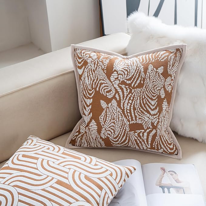 Premium Throw Pillow Covers 18x18 Inches - Framed Tawny Birch Zebra Chenille Jacquard Embroidery Decorative Couch Pillow Covers for Living Room Bedroom Sofa Home Décor