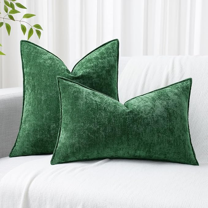 decorUhome Christmas Couch Throw Pillow Covers 26x26 Set of 2, Decorative Soft Euro Neutral Chenille Pillow Covers with Elegant Design for Sofa Bed Living Room Home Decor, Green