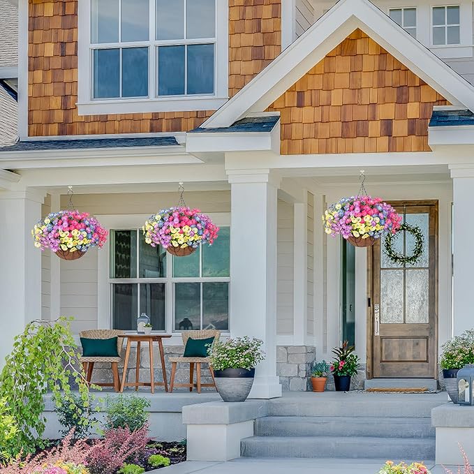 Artificial Faux Hanging Flowers Plants Baskets for Outdoors, Fake Silk Morning Glory in Planter UV Resistant Realistic Artificial Flower for Outside Porch Patio Balcony Garden Yard Home Decor