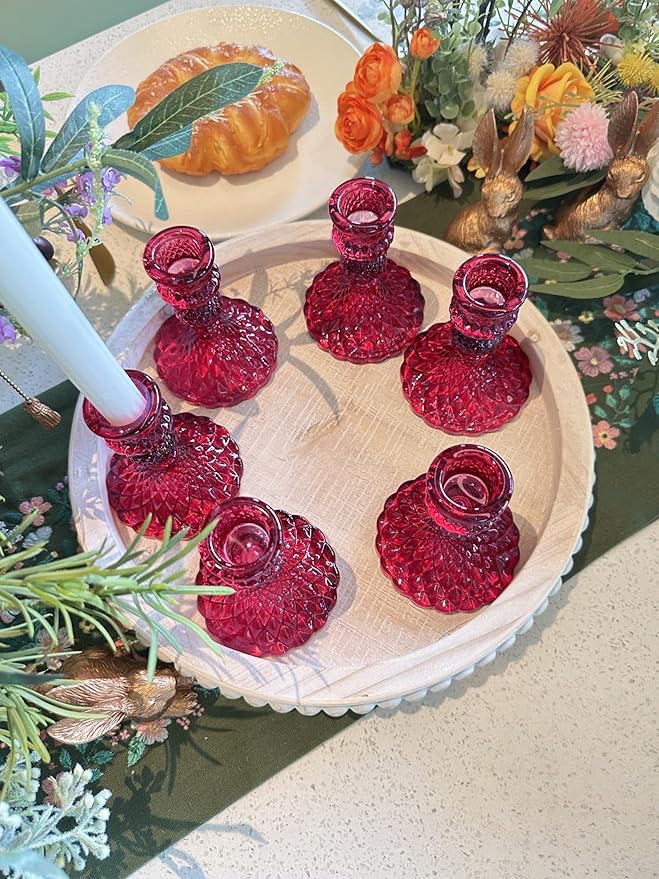Glass Candlestick Holder,Striped Taper Candle Holders,Set of 6 Candle Stand for Table Centerpieces, Home Decor,Weddings,Festival and Parties (GCH002-Purple Dimond)