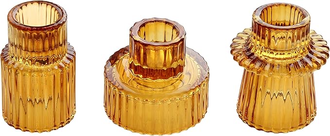 Vixdonos Taper Glass Candlestick Holders Tealight Candle Holders for Table Centerpieces, Wedding Decor and Dinner Party (3 Pcs, Amber)