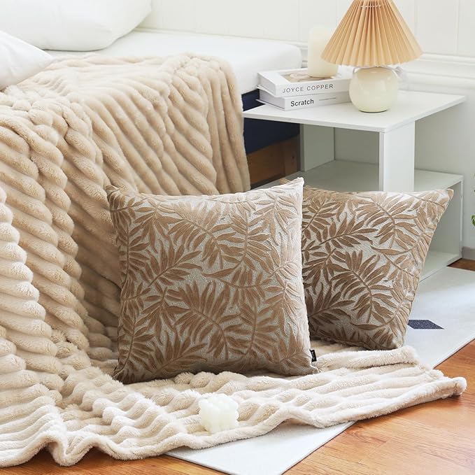 HPUK Leaf Cut Velvet Throw Pillow Covers Pack of 2, 18x18 Inch Accent Cushion Covers for Living Room, Bedroom, Decorative Pillow Covers for Couch, Sofa, Chair, Brown
