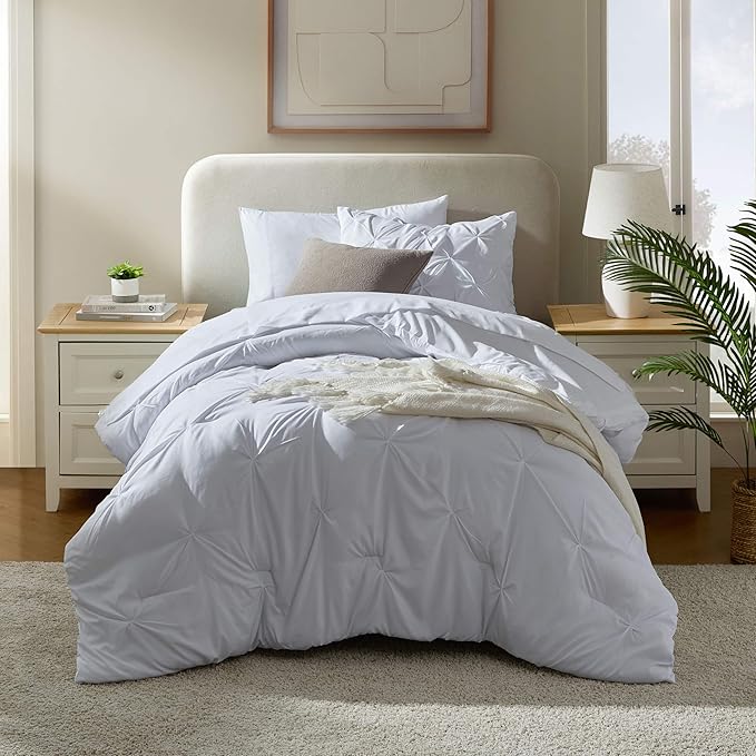 Nestl Twin Comforter Set 5 Piece - Pintuck Twin Bedding Sets White, College Dorm Room Essentials for Girls and Boys Bed in a Bag Twin All Season, Twin Comforter Set with Sheets, Pillowcase and Sham