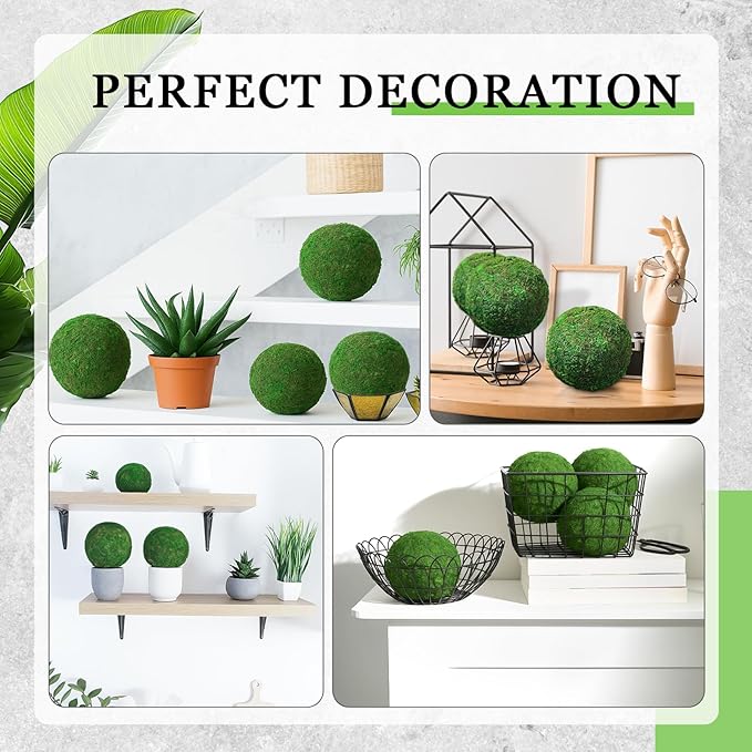 4 Pcs Large Green Moss Balls Artificial Moss Balls Spring Vase Bowl Fillers Hanging for Spring Home Wedding Garden Farmhouse Autumn Table Centerpieces Indoor Outdoor Decor (7.9'',5.9'')