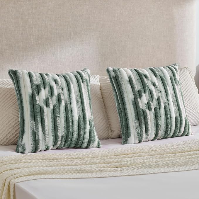 FUTEI Dark Green Decorative Throw Pillow Covers 26x26 Inch Set of 2,Soft Tie-Dye Faux Rabbit Fur Striped Texture Euro Pillow Sham, Modern Home Decor for Couch Bed Living Room