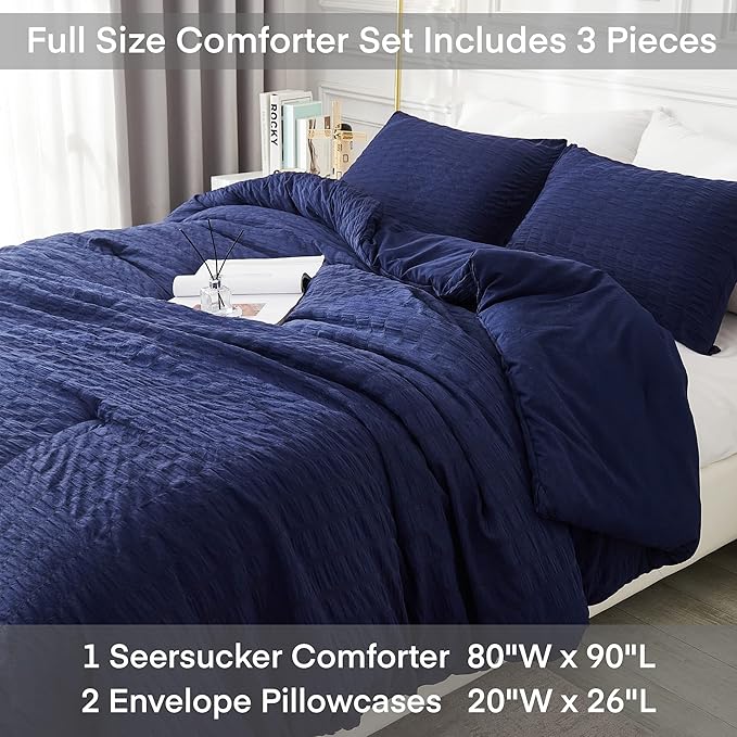 AveLom Seersucker Full Comforter Set (80x90 inches), 3 Pieces - 100% Soft Washed Microfiber Lightweight Comforter with 2 Pillowcases, All Season Down Alternative Comforter Set for Bedding, Navy