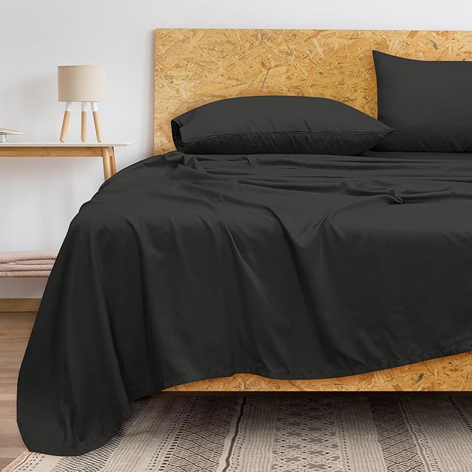 Royale Linens 300 Thread Count 100% Long Staple Combed Cotton Flat Sheet - Super Soft - Top Sheets - Full Flat Sheet Sold Separately - Breathable, Cool & Crisp Percale Sheets Only (Twin XL, Black)