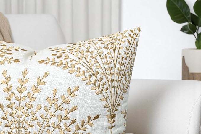 Rohan Leaves Embroiderd Decorative Square Accent Throw Pillow Cover - Sofa, Chair, Couch, Bedroom, Living Room, Farmhouse Home Decor - 20x20 Inches, Ivory
