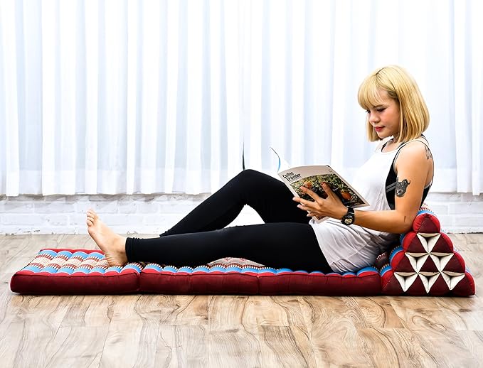 Leewadee - Comfortable Japanese Floor Mattress Used As Thai Floor Bed with Triangle Cushion, Futon Mattress Or Thai Massage Mat, 67 x 21 inches, Blue Red