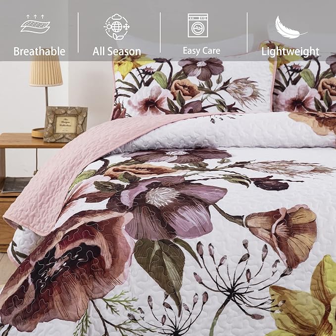 Drucon Floral Quilt Set King 3 Pieces Boho Blush Quilt Coverlet Set Soft Microfiber Lightweight Colorful Floral Quilted Bedspread for All Season 104"x90"