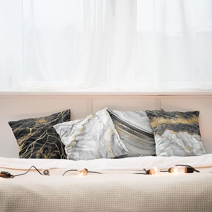 Ambesonne Marble Throw Pillow Cushion Case Pack of 4, Obsidian Like Ornaments Natural Stone Stains and Veins Golden Yellow Tone, Modern Accent Double-Sided Digital Printing, 18", Charcoal Grey Coconut