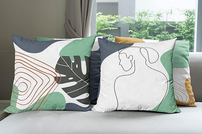 Ambesonne Minimal Throw Pillow Cushion Case Pack of 4, Modern Line Art Woman Portrait with Contemporary Leafy Geometric Details, Modern Accent Double-Sided Digital Printing, 16", Sea Green Slate Blue