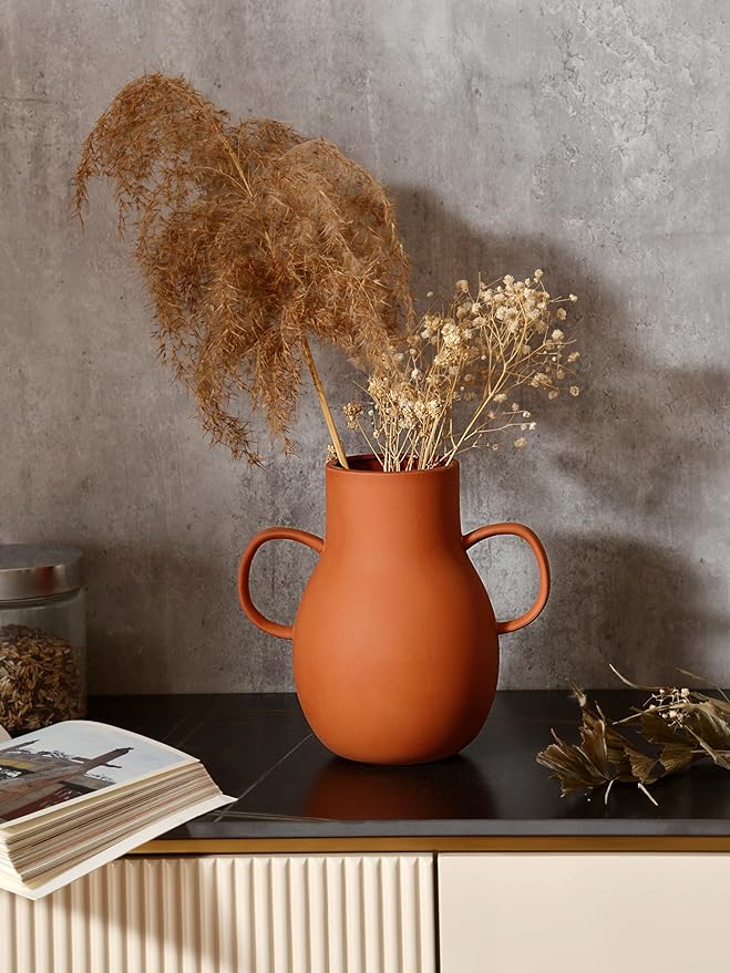 Terracotta Vases Sets of 2,8inch Decorative Ceramic Vases,Rustic Farmhouse Handle Flower Vase,Clay Decorative Vases for Living Room,Table,Shelf
