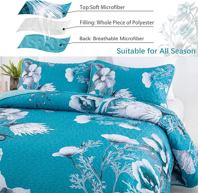 Floral Quilt Set Queen 3 Pieces Teal Blue Floral Quilt Coverlet Set Soft Microfiber Lightweight Teal Blue Quilted Bedspread for All Season 90"x96"