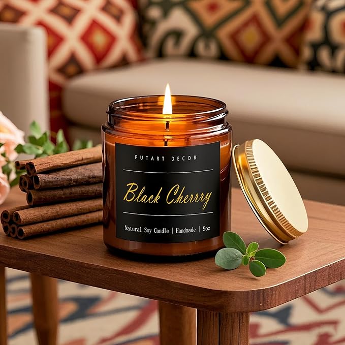 Black Cherrry Scented Candle for Home, Natural Soy Wax Aromatherapy Non Toxic Candle Gifts for Women & Men, Handmade Highly Scented & Long Lasting Jar Candle for Stress Relief (9oz)