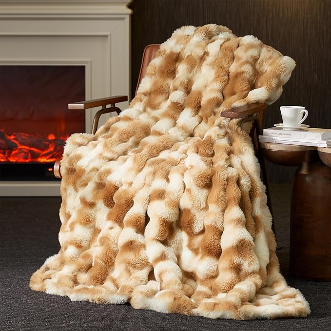 Amélie Home Faux Fur Throw Blanket, Ultra Soft Fuzzy Plush Bubble Blanket for Couch, Bed & Living Room, 60"x80", Tie-dye Kahki
