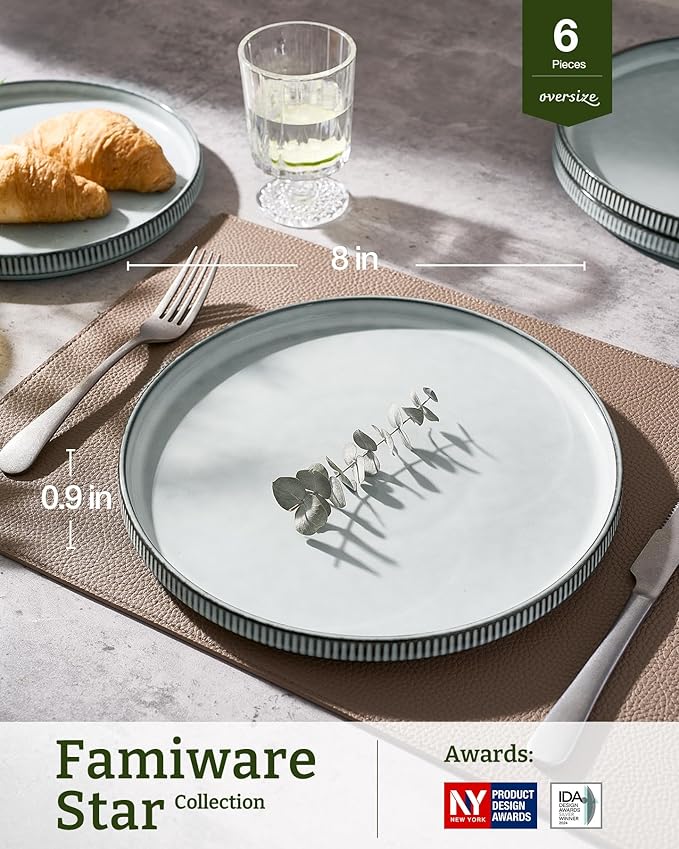 famiware Star Salad Plates for 6, 8 inches Plate Set, Stoneware Dinnerware, Small Dinner Plates for Dessert, Salad, Appetizer, Smoky Blue