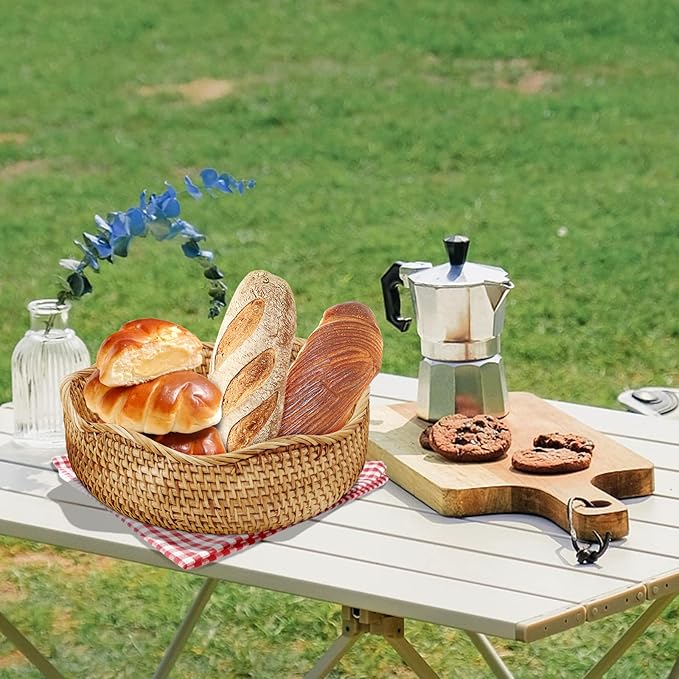 Natural Rattan Round Fruit Basket Bowls, Hand Woven Decor Serving Baskets, Wicker Storage for Dinning Room (Wave-Medium) ＜9''(D) X3.3(H)＞