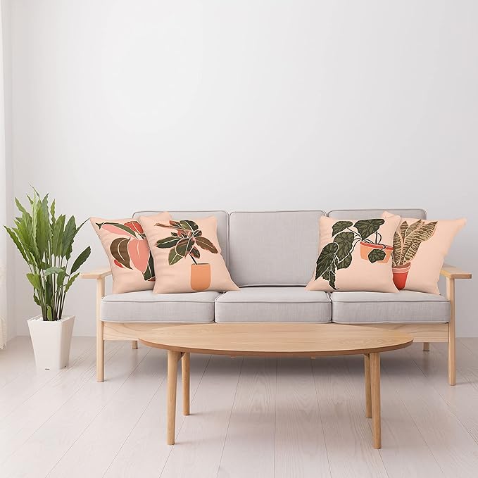 Ambesonne Botanical Throw Pillow Cushion Case Pack of 4, Digital Watercolor Effect Modern Print of House Plants Leaves Pots, Modern Accent Double-Sided Digital Printing, 16", Peach Emerald and Salmon