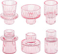Taper Votive Candle Holder for Pillar Candles Tealight, Candlestick Holder for Wedding Christmas Tea Party, Boho Ribbed Vintage Crystal Glass Table Centerpiece Decor, Bulk Set of 6 (Pink)