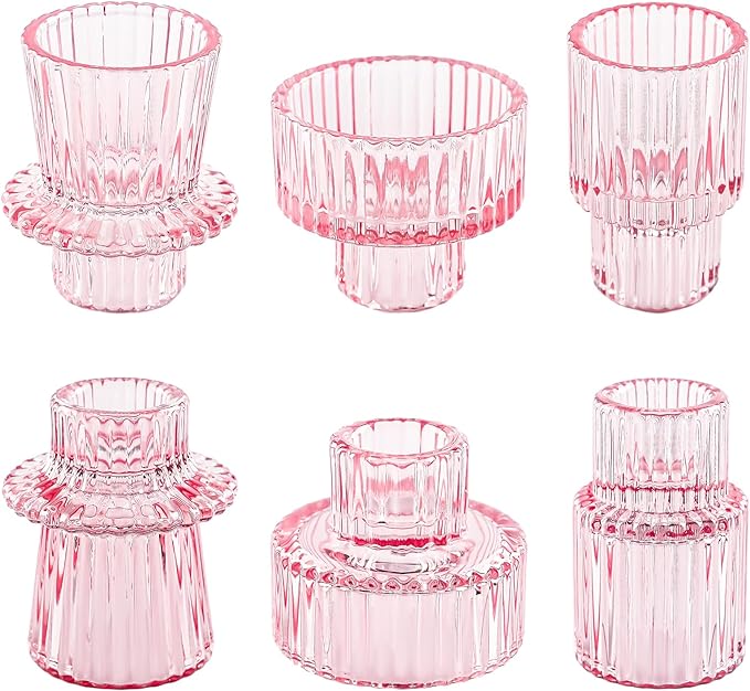 Taper Votive Candle Holder for Pillar Candles Tealight, Candlestick Holder for Wedding Christmas Tea Party, Boho Ribbed Vintage Crystal Glass Table Centerpiece Decor, Bulk Set of 6 (Pink)