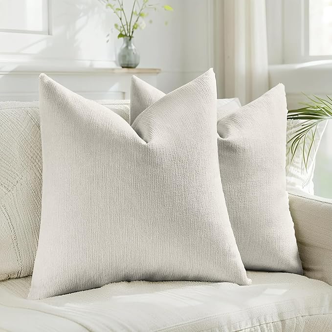 HAUSSY Natural White Wood Throw Pillow Covers 18x18 Inch Set of 2,Boho Decorative Faux Linen Throw Pillows Cozy Farmhouse Accent Cushion Covers,Home Decor for Couch Sofa Bed Living Room