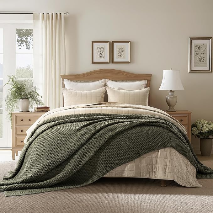 EVERGRACEHOME Chunky Chenille Knit Throw Blanket for Couch, Soft Luxurious Oversized Queen Moss Stitch Blanket for Bed, Large Cozy Farmhouse Knitted Throw for Sofa, Olive Green, 90" x 90"