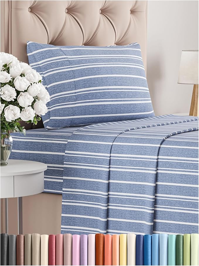 Twin Size 3 Piece Sheet Set - Comfy Breathable & Cooling Bed Sheets Set - Hotel Luxury Bedding for Women, Men, Kids, Teens, Boys & Girls - Deep Pockets, Soft, Wrinkle Free - Oeko-Tex - Blue Stripes 3