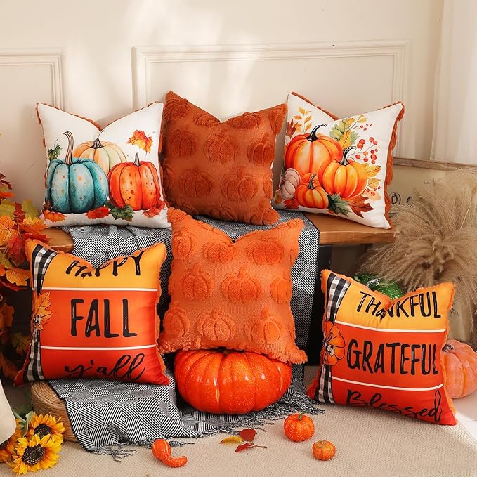 TOYPOPOR Fall Decorations, 2 Packs Double Sided Throw Pillow Covers, Orange Soft Faux Fur Pumpkin Pillow Cases Autumn Harvest Thanksgiving Indoor Outdoor Home Decor for Living Room Porch Couch 20x20