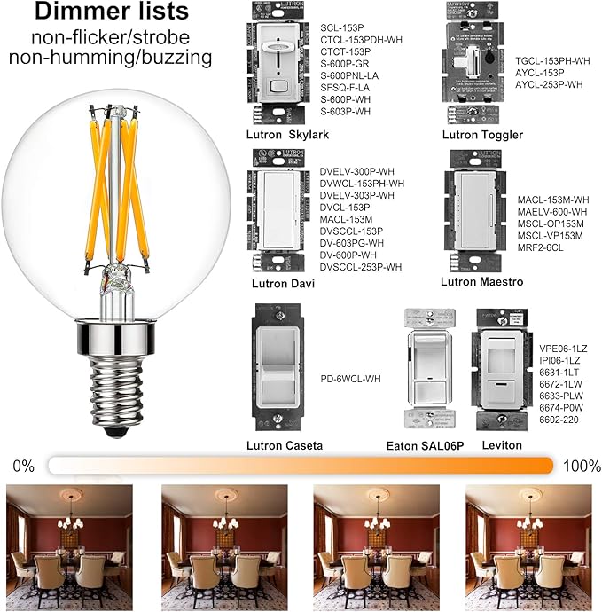 LiteHistory Dimmable G16.5 LED Light Bulb 6W Equal 60W 600lm AC120V Candelabra Bulb 60W for Chandeliers, Ceiling Fan, Vanity Warm White 2700K Globe Light Bulb 6Pack