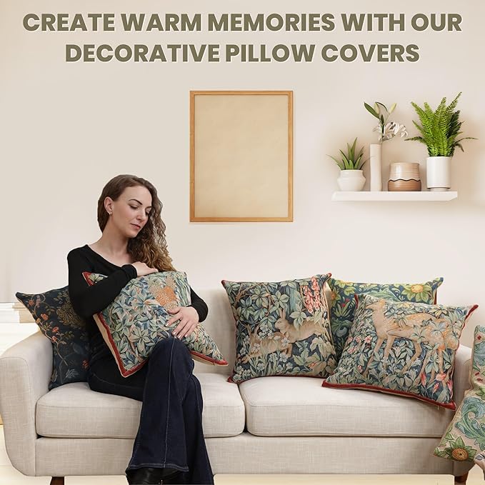Charlotte Home Furnishings Decorative Tapestry Pillow Cover 19x19 in, Green Menestrel Couch Throw Pillow Cover, French Country Square Cushion Cases for Bed Room Home Decor, Soft Cotton Jacquard Woven
