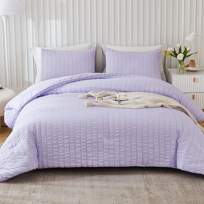 AveLom Lavender Purple Seersucker King Comforter Set(104x90 inches),3 Pieces-100% Soft Washed Microfiber Lightweight Comforter with 2 Pillowcases, All Season Down Alternative Comforter Set for Bedding