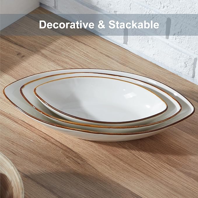 ONEMORE Serving Bowls and Platters Set of 3 - Ceramic Oval Serving Dishes for Pasta, Salad, Soup, Fruit - Perfect for Entertaining, Parties, Housewarming, Wedding, and Gifts - White