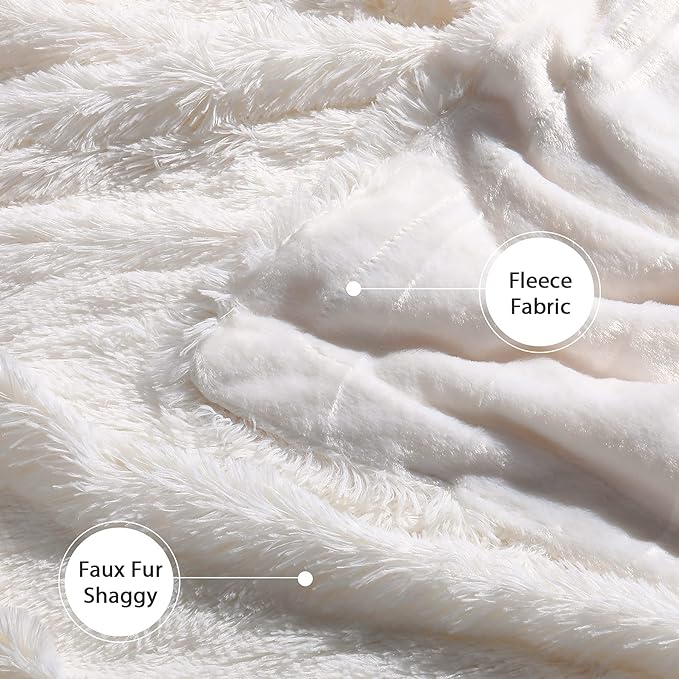 Tuddrom Decorative Extra Soft Fuzzy Faux Fur Throw Blanket 50" x 60",Solid Reversible Long Hair Shaggy Blanket,Fluffy Cozy Plush Comfy Microfiber Fleece Blankets for Couch Sofa Bedroom,Cream White