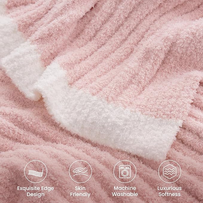 Snuggle Sac Luxury King Size Blanket for Bed, Cozy Soft Fuzzy Microfiber Knit Stripe Bedding Blankets, Pink, 108x90 inches