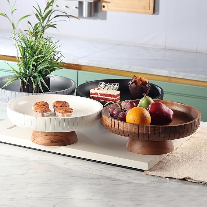 Acacia Wood fruit bowl with pedestal | 12" dia | Decorative bowl used as Centerpiece for kitchen counter or dining table | Wooden table decor| (Natural Finish)