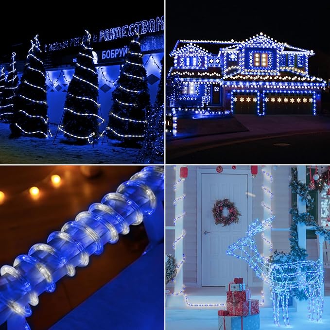 100ft LED Rope Lights Outdoor, 720 LED Connectable and Flexible Tube Lights with 8 Modes, Waterproof LED Rope Lighting for Garden Patio Bedroom Party Pool Indoor Outdoor Christmas Decor (White & Blue)