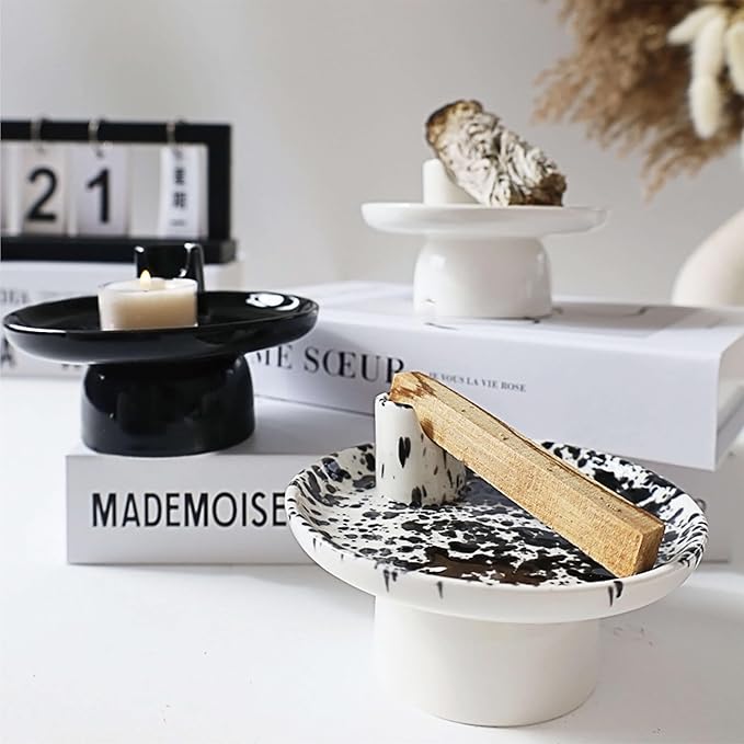 4-in-1 Ceramic Incense Burner Holder, 5-Inch Multipurpose Incense Ash Catcher for Sage, Palo Santo, Cone Incense and Candles (Black Dots)