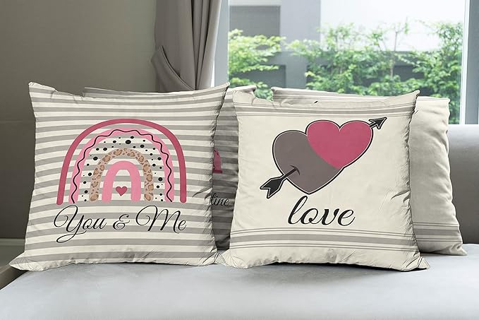 Ambesonne Romantic Throw Pillow Cushion Case Pack of 4, Love Hearts Arrow You and Me Be My Valentine Hugs Kisses Lettering Print, Modern Accent Double-Sided Digital Printing, 24", Ivory Taupe and Pink