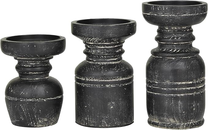 Deco 79 Wood Decorative Candle Holder Candle Stand, Set of 3 Candlestick Holder 9", 7", 6"H, Black