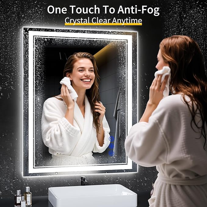 40"x32" LED Bathroom Mirror with Anti-Fog, Stepless Dimmable Lights, 3 Color Modes, Shatter-Proof Tempered Glass, Memory Function & Waterproof Design