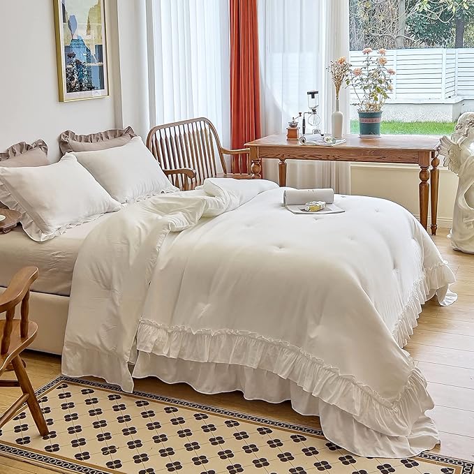AIKASY White Comforters Twin Size Set, Vintage Boho Chic Farmhouse Bedding Sets Shabby Ruffle Queen Bed Comforter Bedding 3PCS（1 Comforter and 2 Pillowcases）