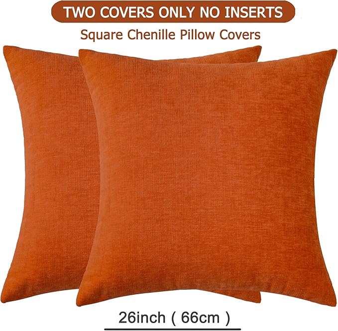 GAWAMAY Decorative Chenille Throw Pillow Covers 26x26 Inch Pack of 2, Soft Square Couch Pillow Cover for Sofa Cushion Living Room Bedroom Solid Dyed Oversized Pillowcases Orange 66x66cm (ONLY Covers)