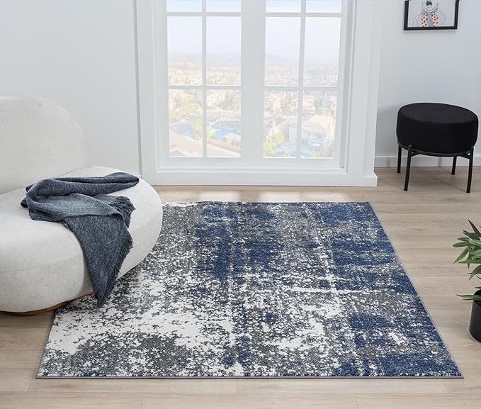 Keen Home Design Area Rugs - 10ft Round Non-Shedding, Abstract Rugs for Kitchen, Living Room, Bedroom, Dining Room, Entryway - Size: 10' Square, Navy/Grey/White