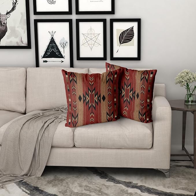 Giwawa Southwestern Throw Pillow Covers, Rusty Red Native American Pillow Cases, Aztec Tribal Geometric Square Cushion Covers Double Sided for Sofa Porch Bedding Patio Decor, 18x18 Inch, Set of 2