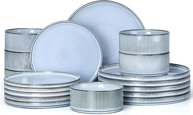 E-far Stoneware Dinnerware Sets, 18-Pieces Modern Plates and Bowls Sets, Kitchen Dinning Porcelain Dishes Set for 6, Chip & Scratch Resistant, Dishwasher & Microwave Safe, Dusty Blue