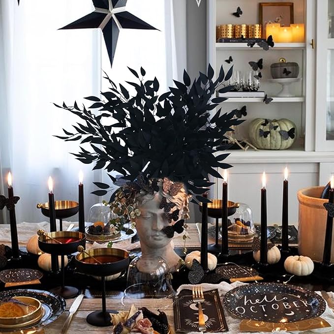 GREENTIME 6 Pack Artificial Black Italian Ruscus Stems 23.5'' Faux Halloween Leaf Bouquet for Vase Fireplace Table Centerpiece Decor