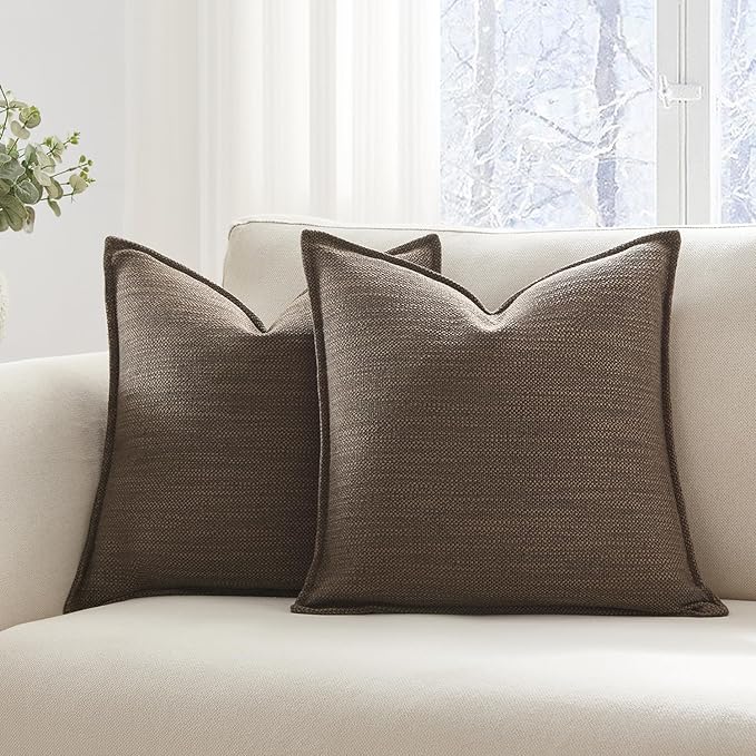 Meekio Set of 2 Brown Pillow Covers 18 x 18 inches Flange Edge Pillow Covers Textured Throw Pillow Covers for Neutral Home Decor